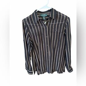 Lauren Ralph Lauren Linen Silk Blend Black and Tan Striped Button Down Shirt